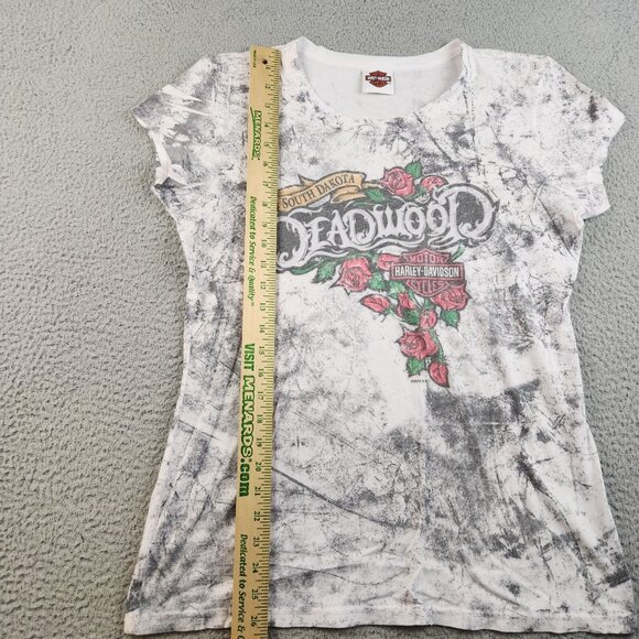Harley Davidson Motorcycles Shirt Womens Large Cap Sleeve Gray Lightweight Roses - Picture 5 of 12